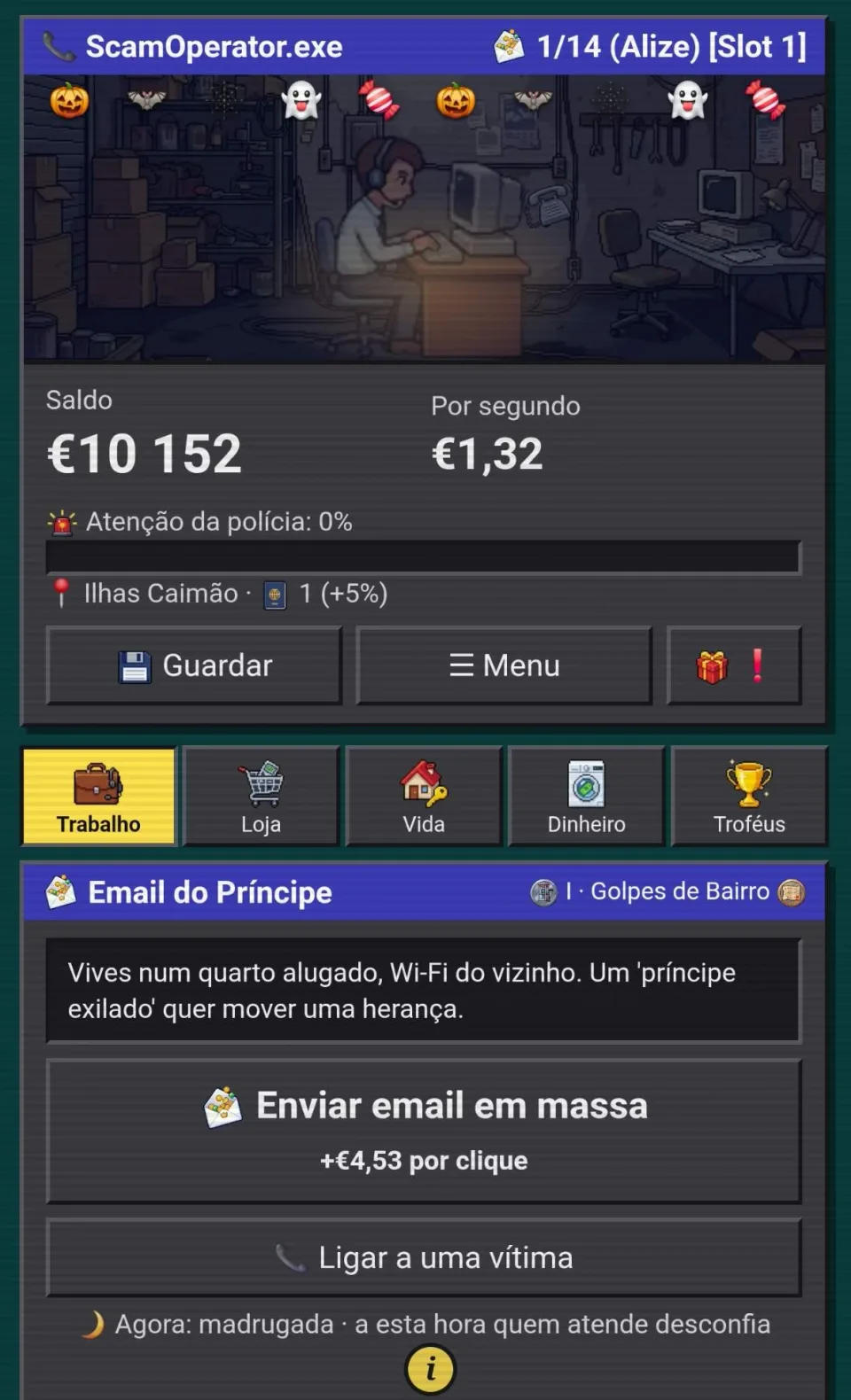 O escritório do SCAM Operator, com o saldo e as decorações de Halloween
